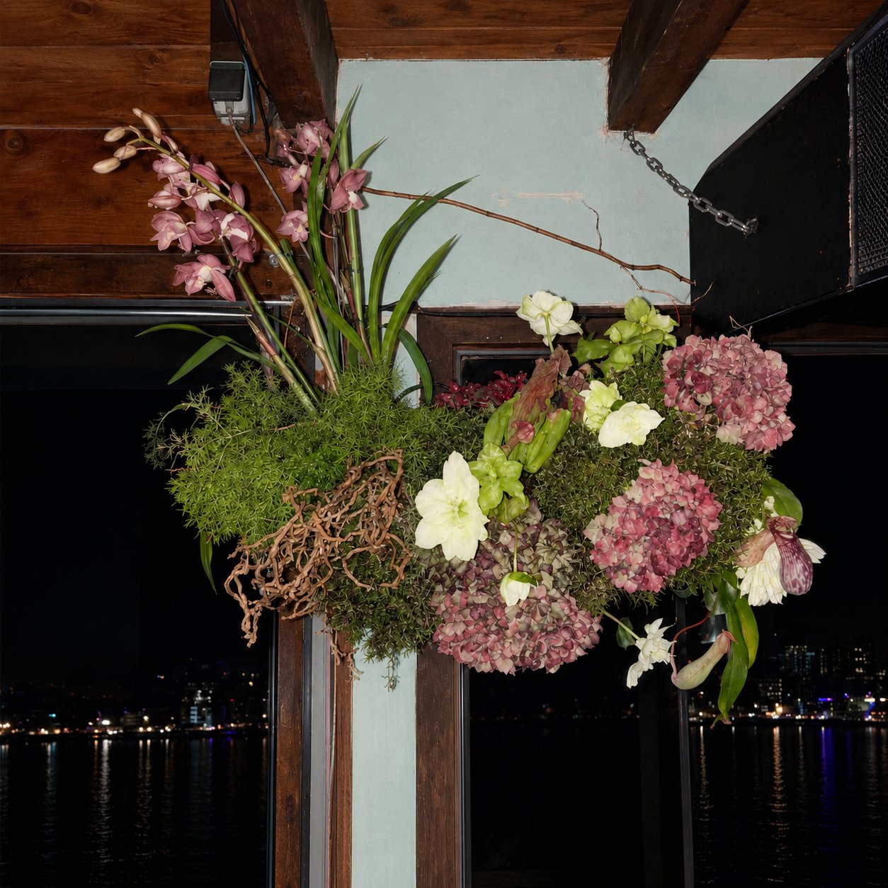 Hanging moss and orchid arrangement with burgundy hydrangea at MS Hoppetosse, Berlin.