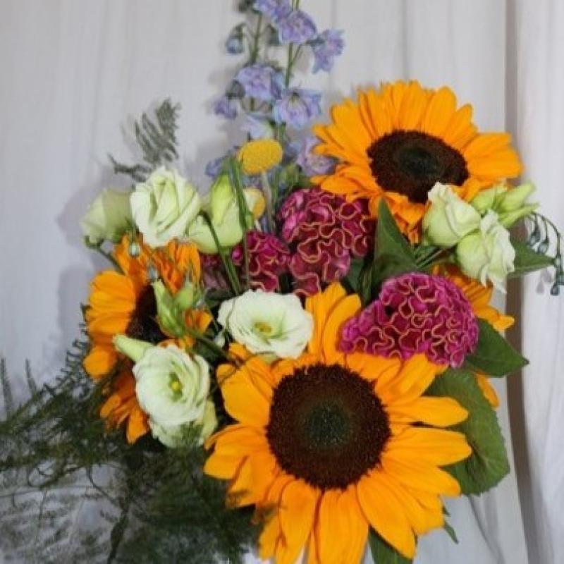 sunflower bouquet delphinium celosia